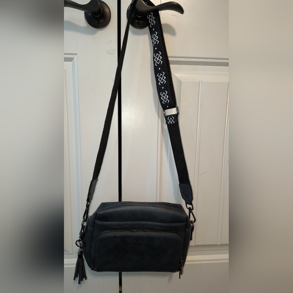 Poiugoya Navy Crossbody Bag with Patterned Adjustable Strap